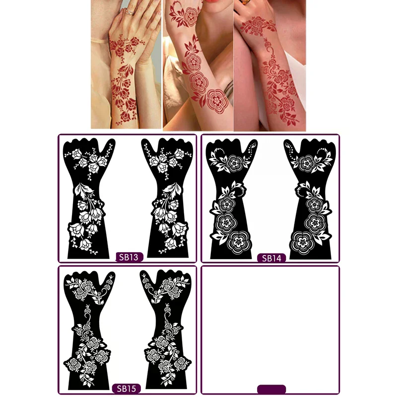 1 paar Schwarz Hand Transfer Temporäre Tattoo Aufkleber Hand Henna Tattoo Vorlage Für Frauen Körper Malerei Blumen Tattoo Schablone