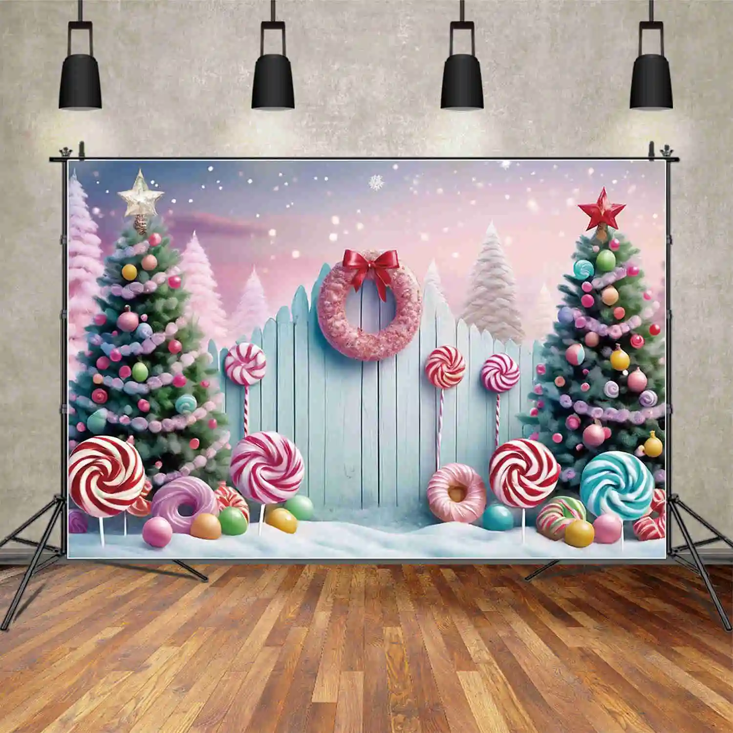 MOON.QG Merry Christmas Large Tree Photography Backdrop 2025  Xmas New Year Party Background Candy Fence Studio Photo Back Drops