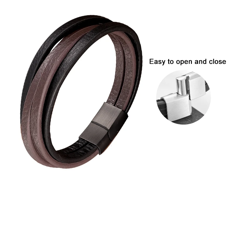 MKENDN Fashion Stainless Steel Bangle Multilayer Black Coffee Genuine Leather Bracelet Men Vintage Male Jewelry for women