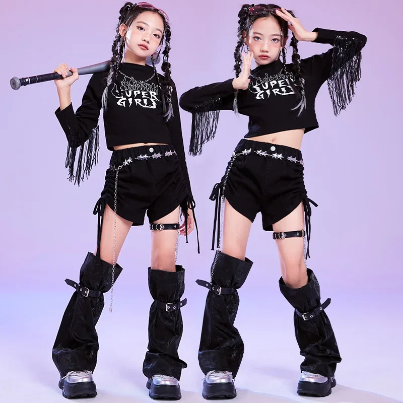 

Girls Jazz Dance Costume Black Crop Top Shorts Hip Hop Kids Performance Clothing Teenagers Competition Outfits Stage Wear Sets