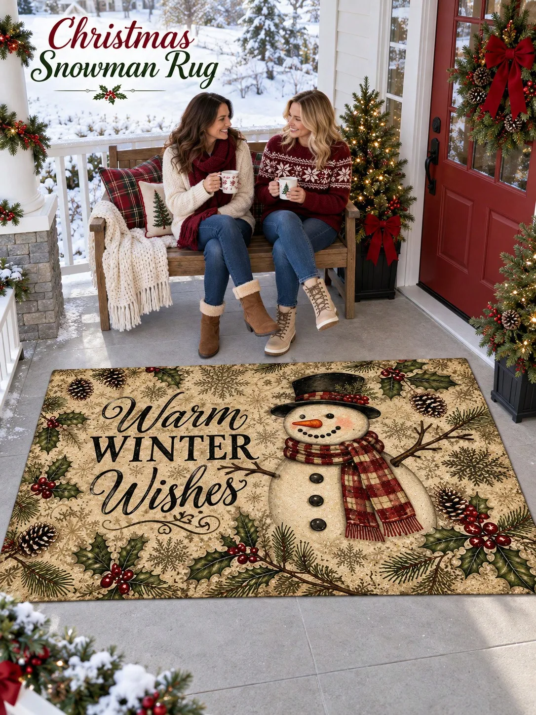 Winter Rug Snowman Holly Pinecones Lettering Floor Decor Carpet Living Room Bedroom Dining Area Entryway Apartment Home Styling Beside Sofa Armchair Christmas Housewarming Birthday Gift for Parents Neighbors Sisters Friends Holiday Celebrations