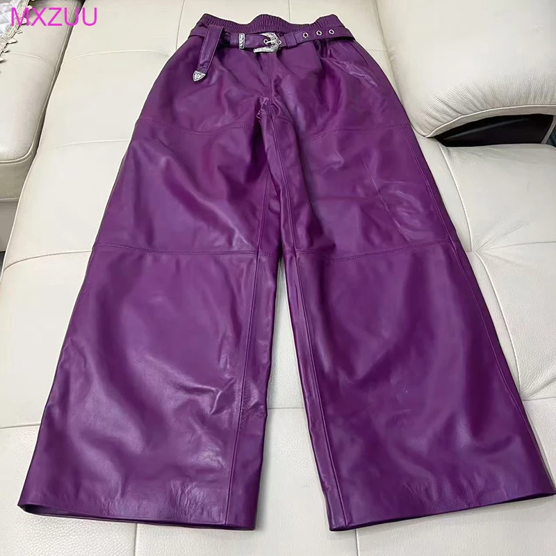 New Coffee/Orchid Purple Mopping Pants Women Autumn Fashion Sheepskin Elastic Waist Loose Wide Leg Leather Trousers Custom Made