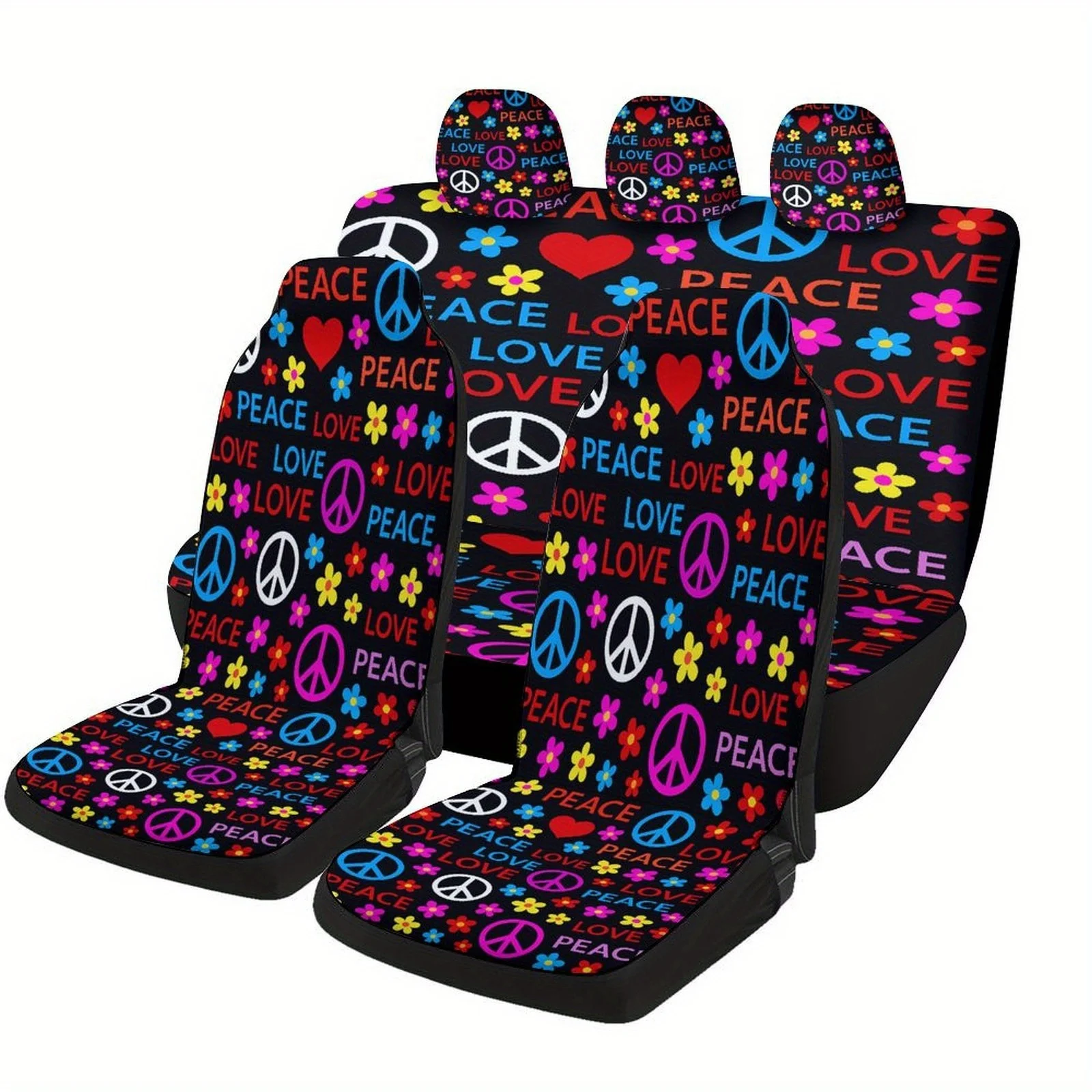 Peace Love Flowers Designed Car Seat Cover Set For Most Cars, High-quality Comfortable Car Seat Protector Covers Full Set, Unive