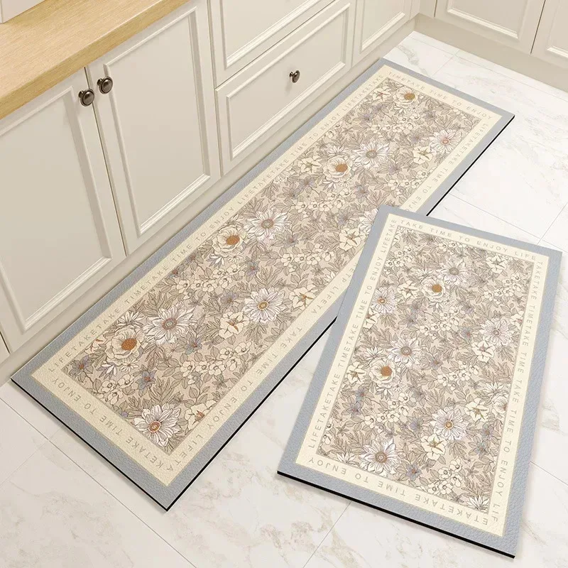 VIKAMA PVC Leather Kitchen Floor Mat Waterproof Non-Slip Oil-Proof Long Rug Pink Flower Anti-Fatigue Home Decor Foot Mat