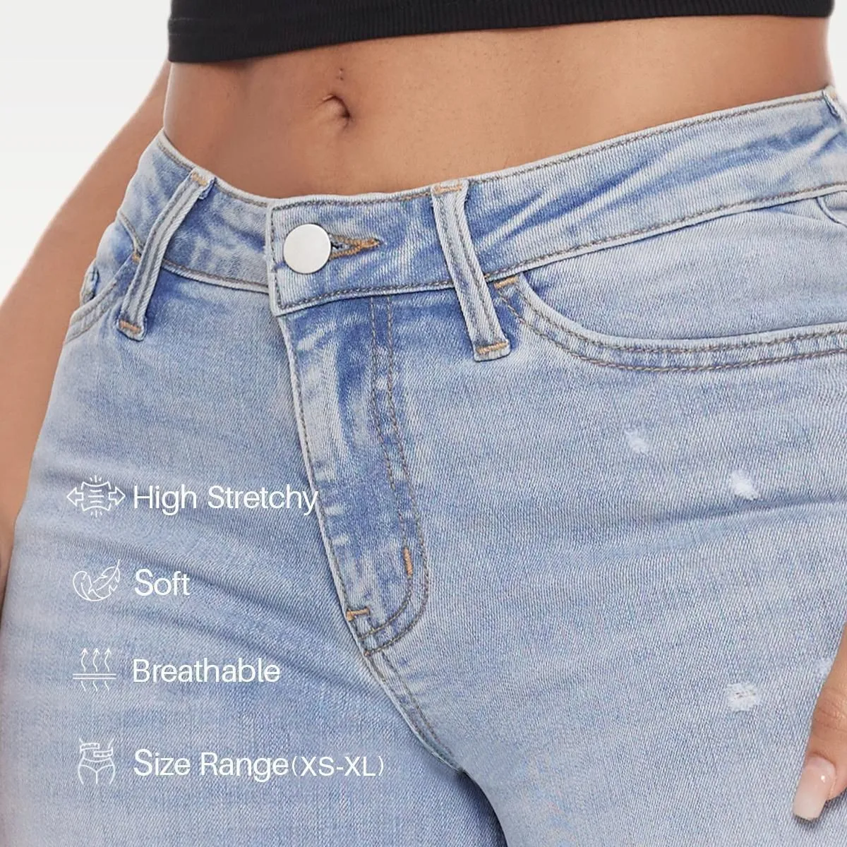 Women Baggy Jeans Cotton Distressed Wide Leg Denim Pants High Waist Light Wash Jeans Mid Waist Straight Cut Five Woman Clothing