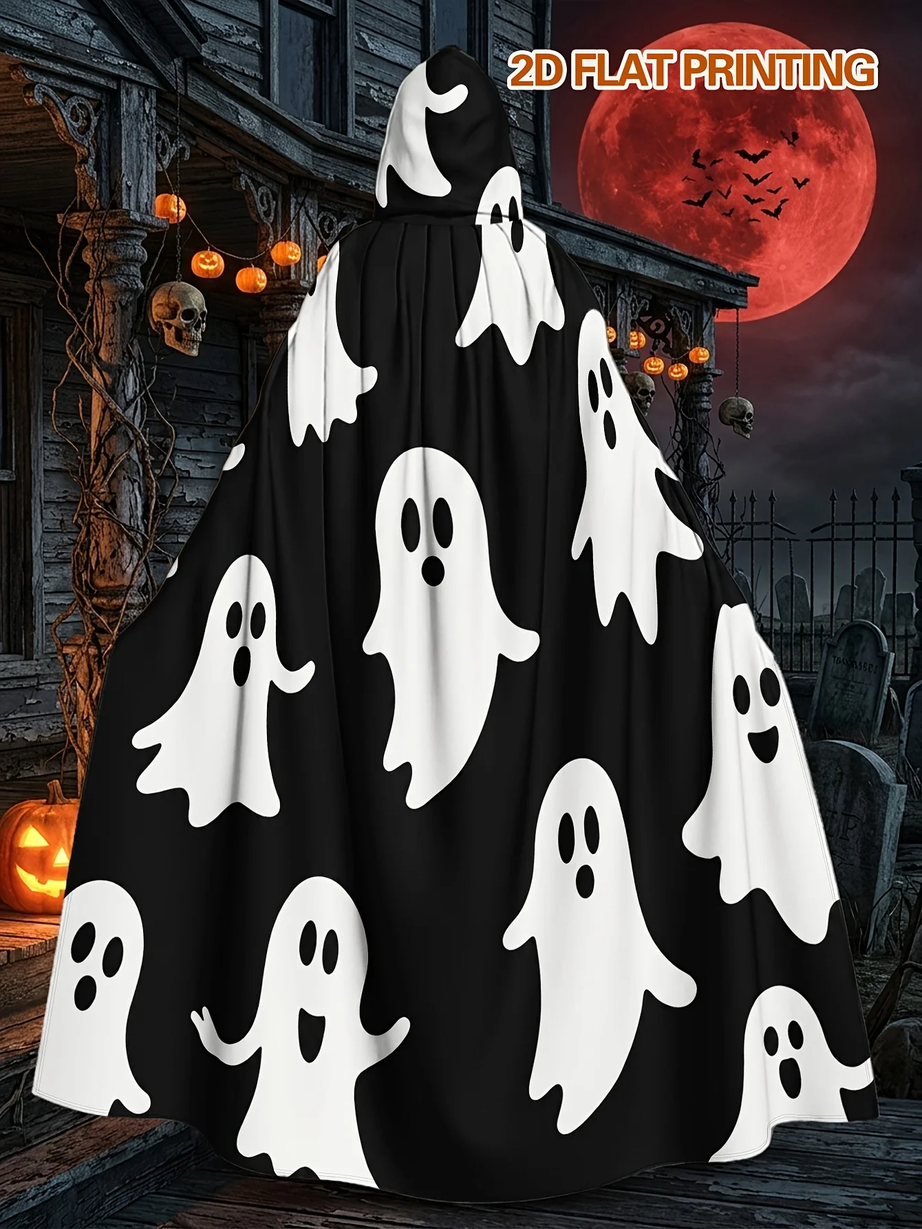 1pc Machine-Washable Polyester Witch Robe with Whimsical Ghosts on Black Print, Perfect for Halloween And Christmas Cosplay, Par