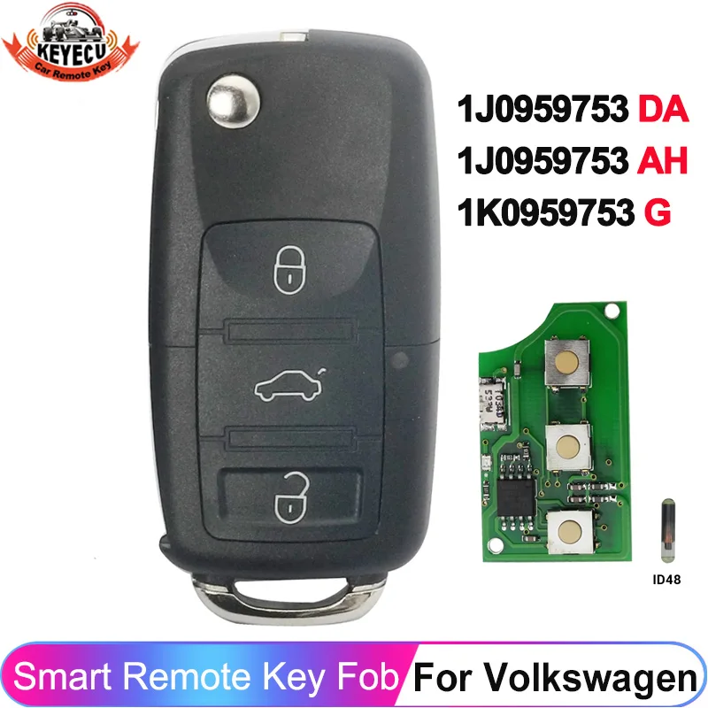 

KEYECU 3 Button Flip Remote Car Key Fob For VW Passat Polo Skoda Seat Golf Beetle 1J0959753 DA/AH 1K0959753G 434MHz ID48 CHIP