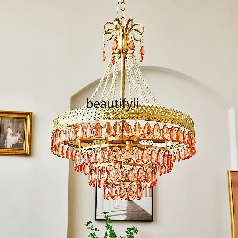 zq French Retro Copper Living Room Chandelier Water Drop Lamp American Villa Restaurant Crystal Lamp