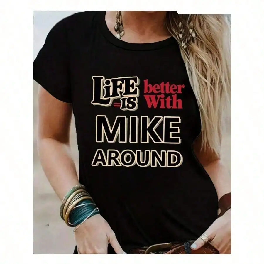 MIKE Women's Comfit T-Shirt  Graphic T-Shirt Black Short Sleeve Casual Tee 100% Cotton, Gift for Men Women