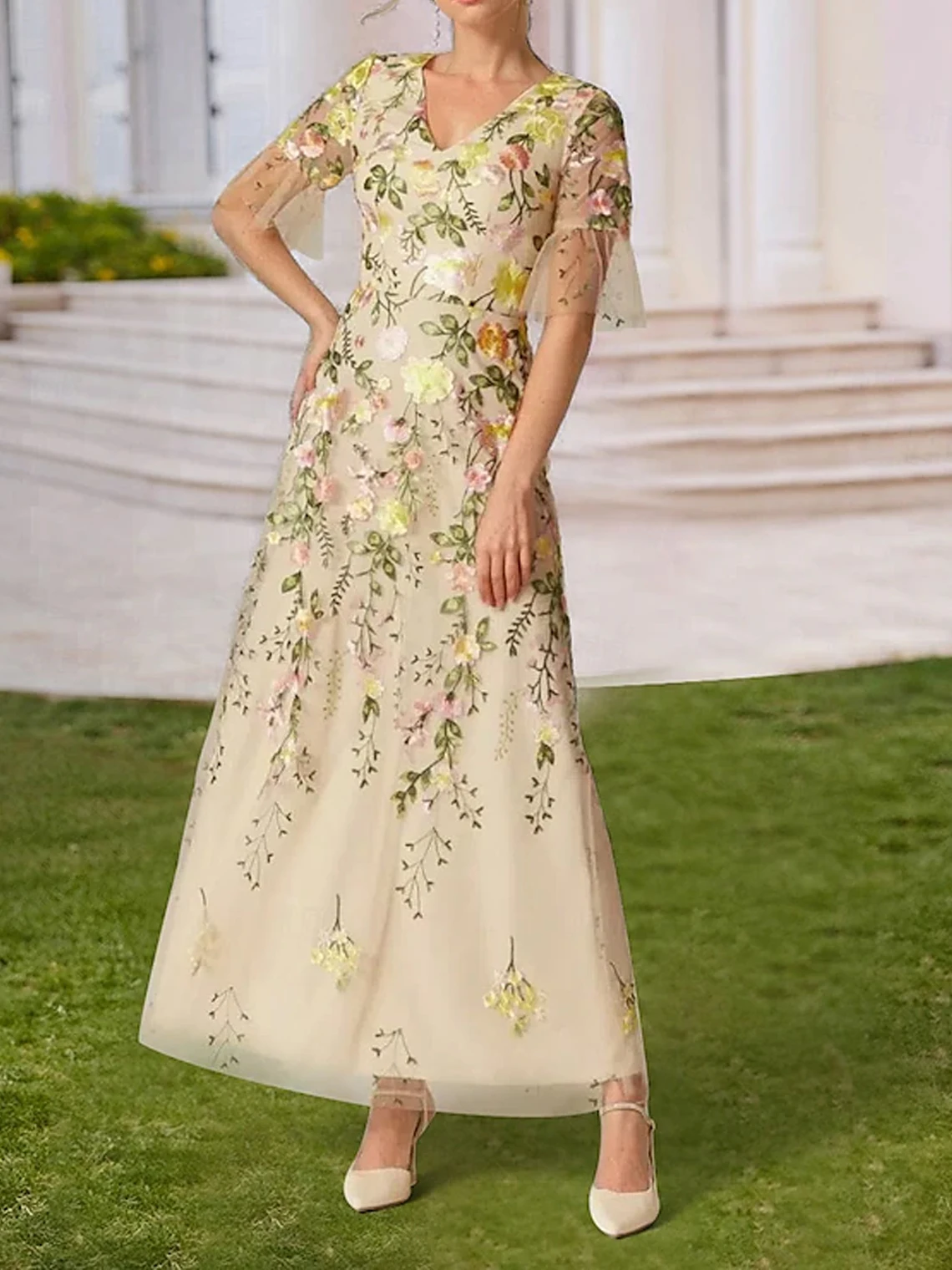 Elegante vintage a linha vestido de noite com decote em v manga curta tule flor apliques tornozelo comprimento vestido de baile 2025 personalizado livre