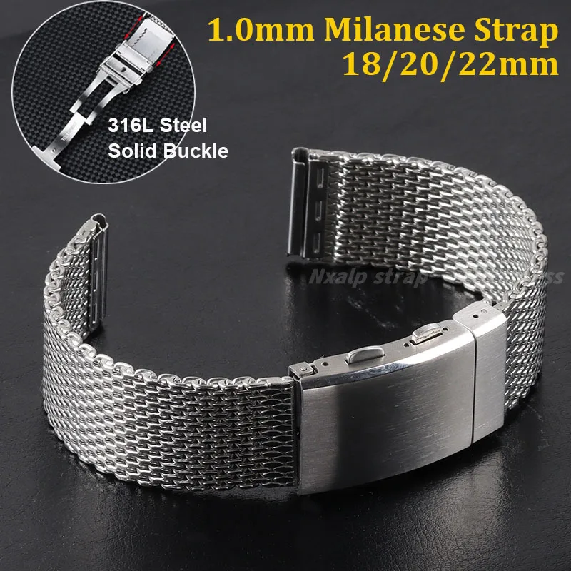 Luxury 1.0mm Milanese Strap 18mm 20mm 22mm 316L Solid Adjustable Folding Buckle Diving Mesh Stainless Steel Watchband Universal