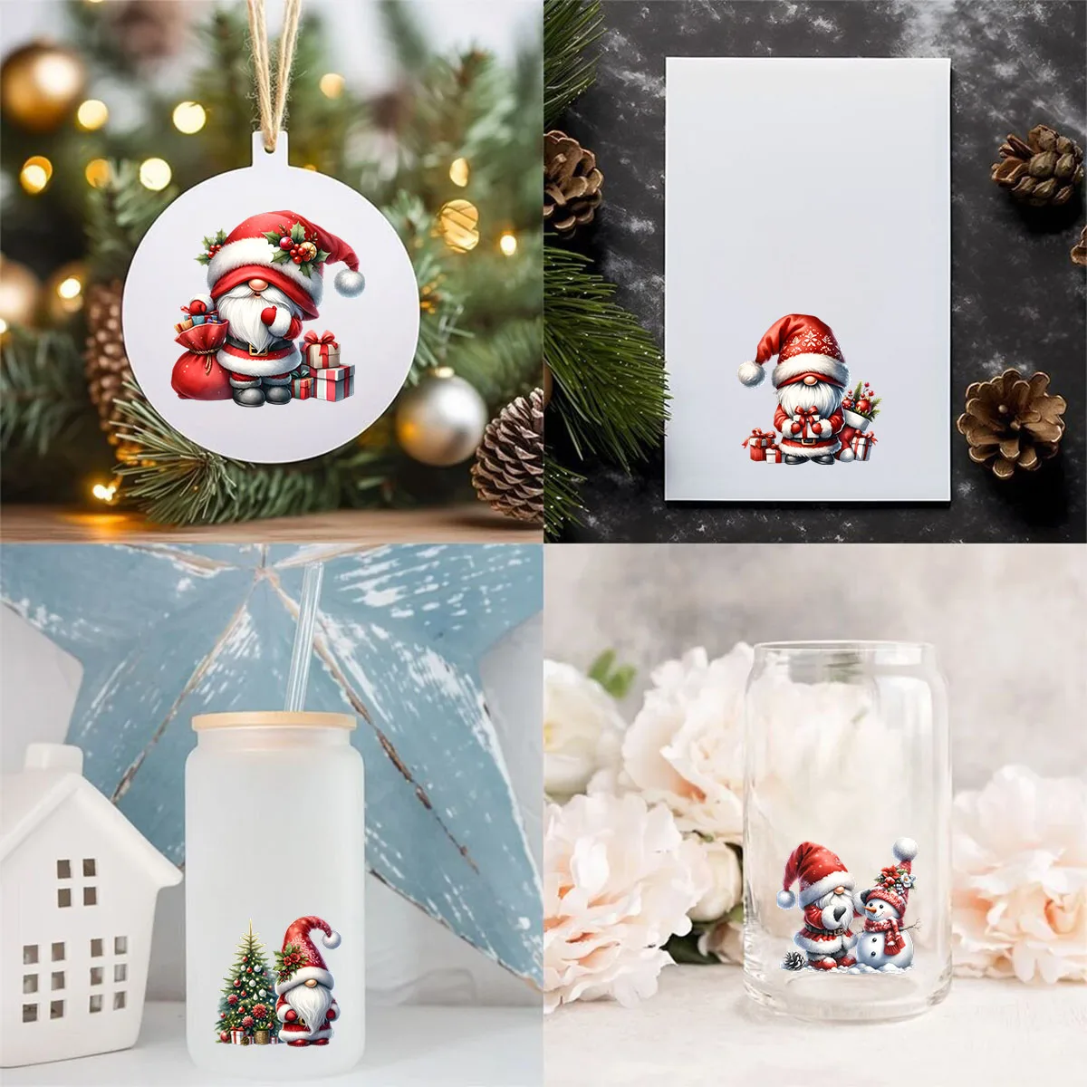 12pcs Christmas Winter Santa Claus Gnome UV DTF Cup Wrap Transfer Sticker Glass Coffee Mugs Decoration Xmas Greeting Cards Decal