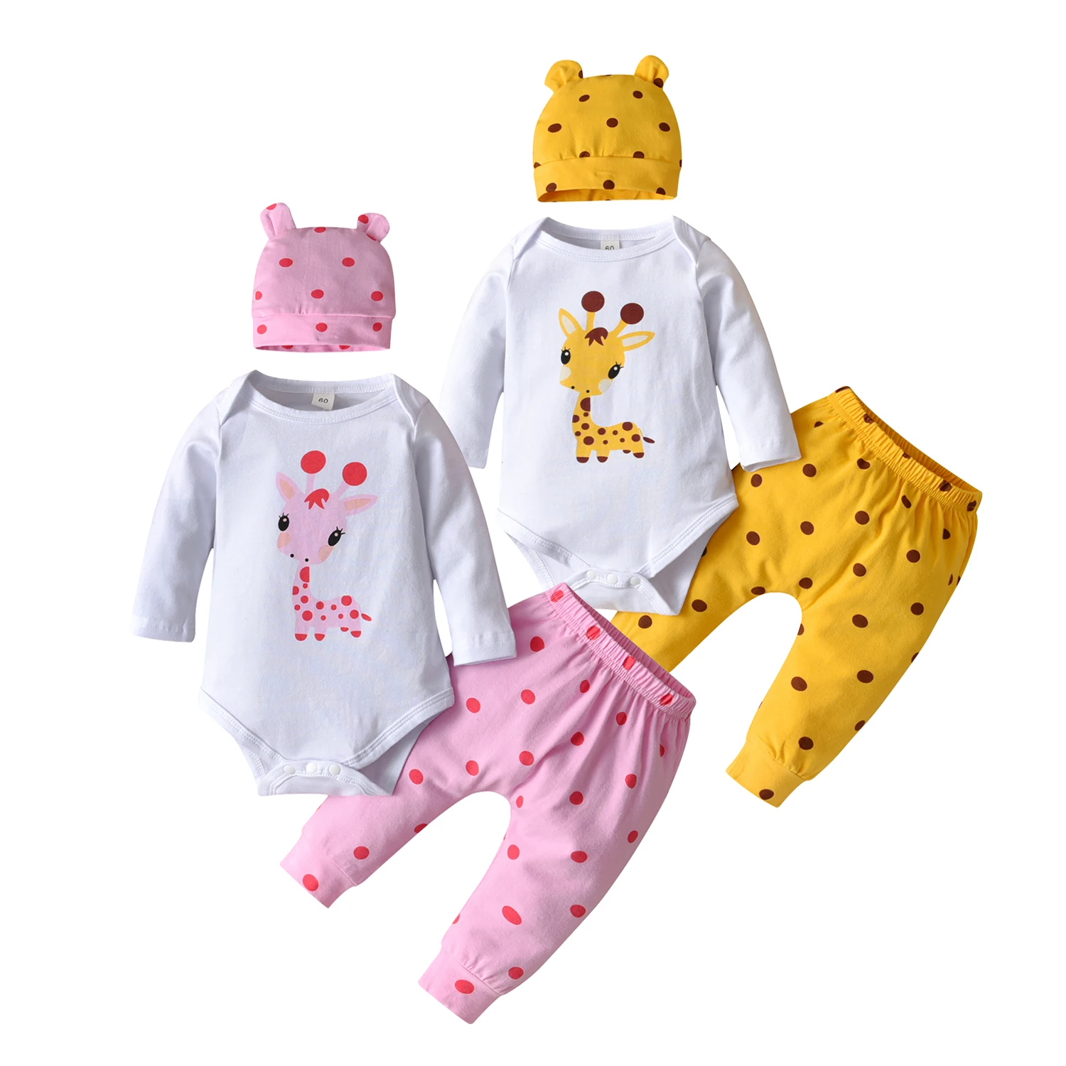 

Newborn Baby Girl Clothes Long Sleeve Giraffe Print Romper Tops Dot Pants With Hat Infant Outfits Set