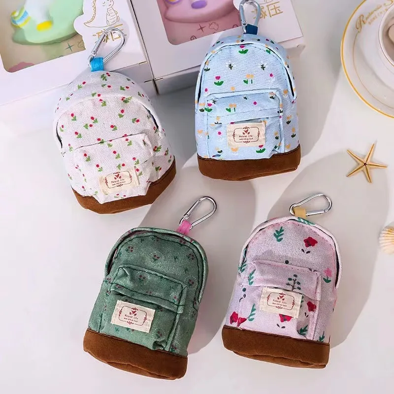 Cute Floral Mini Schoolbag Shape Canvas Pencil Bag Creative Simulation Backpack Stationery Storage Bag Kawaii Kids Coin Pouch