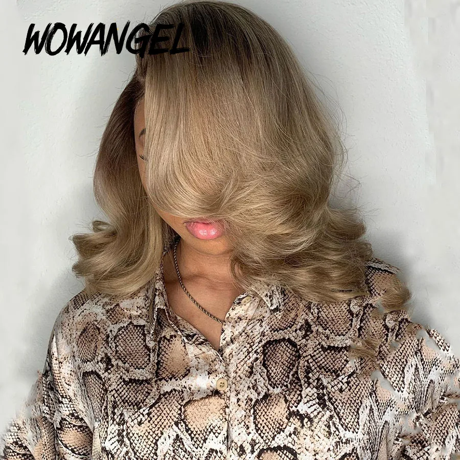 Peruca dianteira com renda para mulheres, perucas curtas Bob, loiro cinza, raízes escuras, peruca ondulada colorida, onda corporal, cabelo humano, 13x4 HD