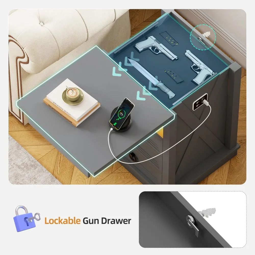 Lockable Gun Drawer Nightstand in 3 Colors with Dimmable LED and Charging Station, Bedside Table with Human Sensor