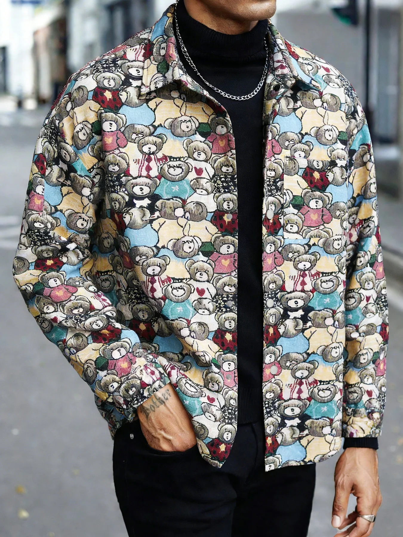 Men's Spring and Autumn Full-Print Cartoon Panda Jacquard Collared Work Jacket, Fashionable, Versatile, Commuter Casual Jacket
