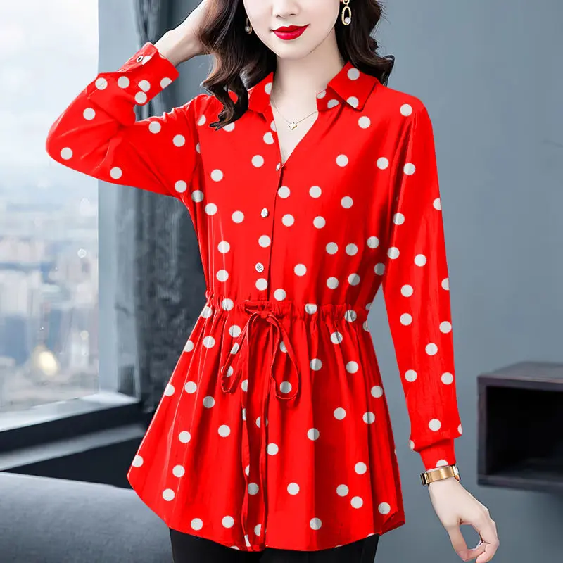 V-Neck Fashion Vintage Polka Dot Printed Shirt Spring Autumn New Women\'s Clothing Casual Long Sleeve Shirring Lace Up Blouses