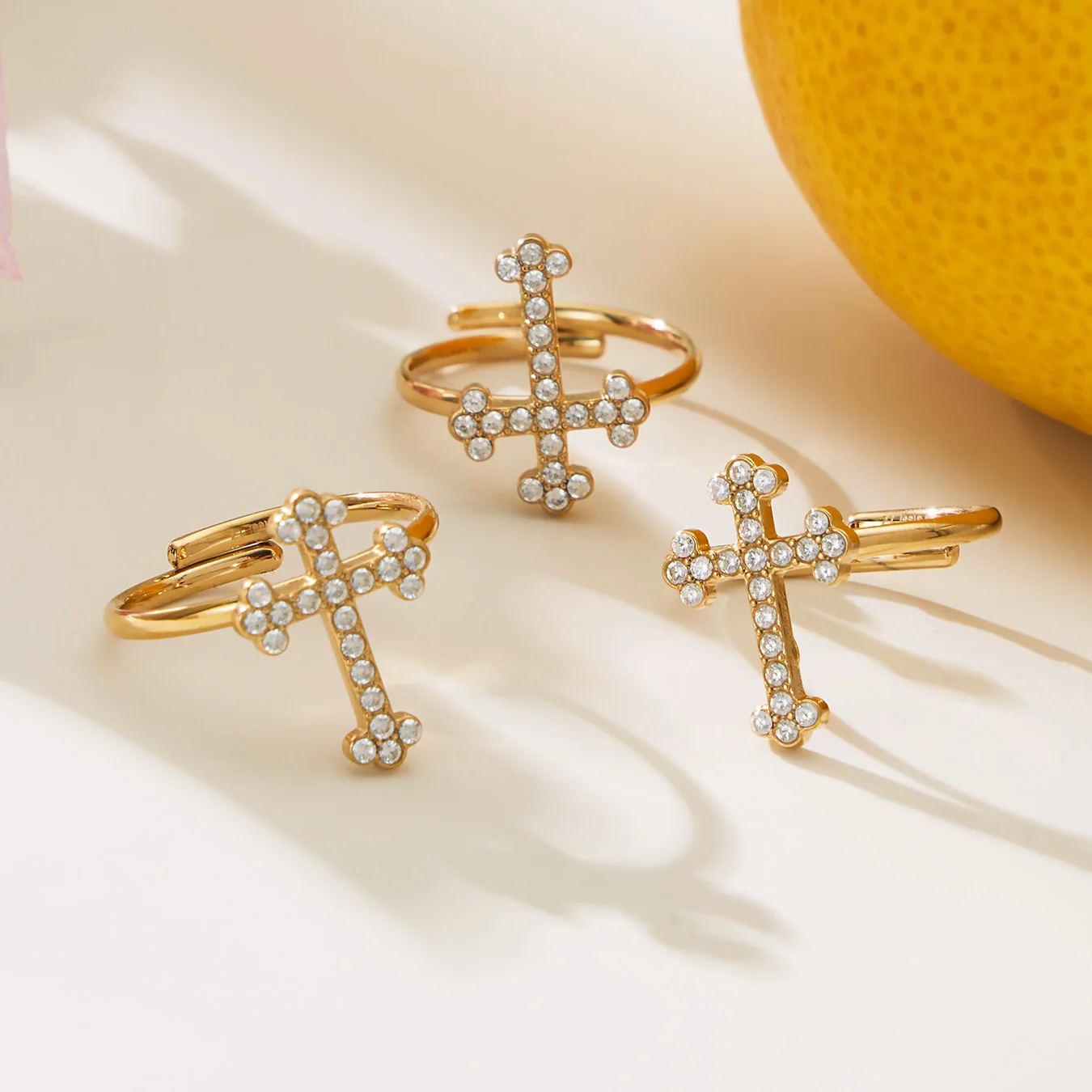 Shiny Zircon Cross Pendant Necklace 316 Stainless Steel Gold-Plated Bracelet Drop Earrings Ring Women's Vintage Jewelry Set