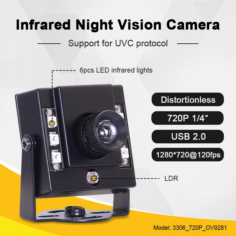 3306 720P OV9281 8mm 30degrees distortionless HD Global exposure 210fps USB Infrared night vision Mini camera