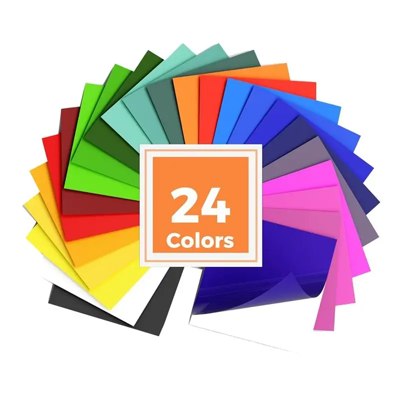 A01F-Permanent Vinyl Sheets, 24 Colors 12 X 12 Inch Waterproof Adhesive Vinyl Bundle For , Silhouette, Cameo Cutters