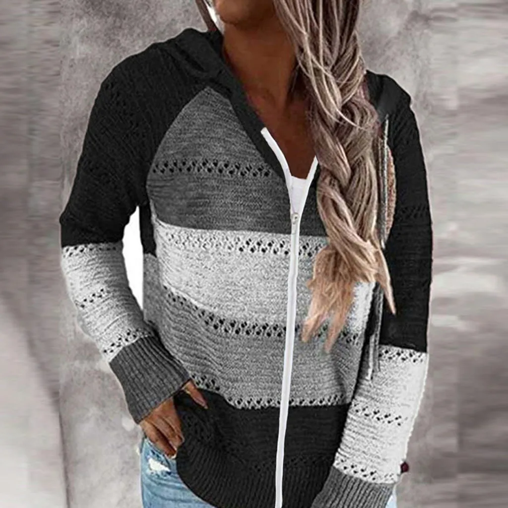 Autumn Women Casual Loose Hooded Zipper Tops Lady V Neck Knit Long Sleeve Sweater Patchwork Elegant Striped Patchwork Cardigans