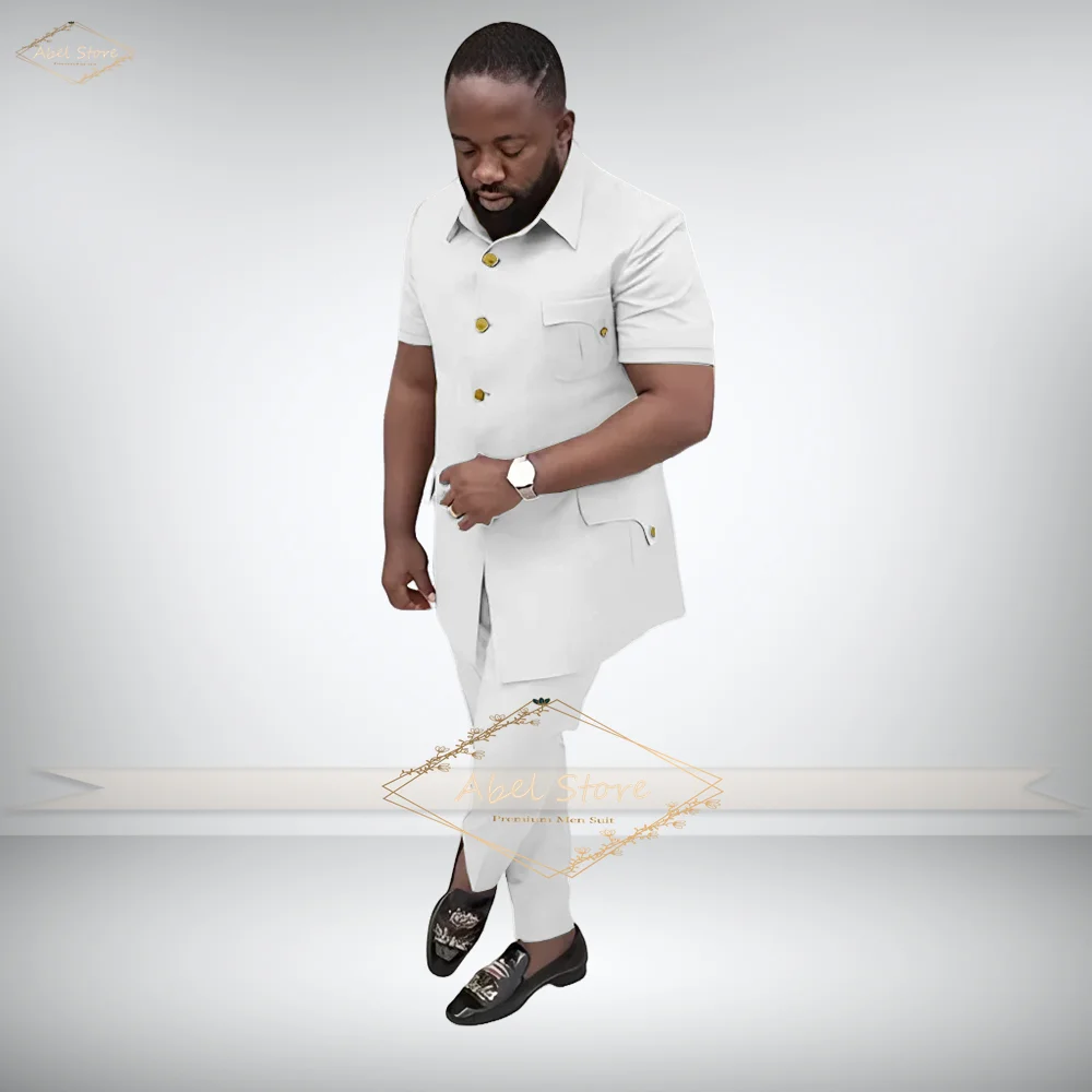 Men's casual suit 2 piece set, custom lapel single breasted short sleeve jacket + pants fashionable Zhongshan suit style