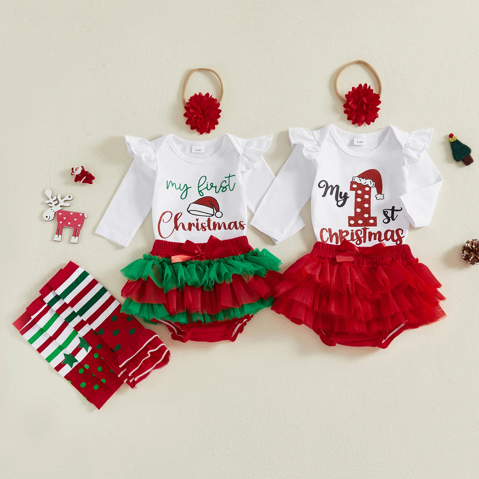 طفلة عيد الميلاد 4 قطع الزي، طويلة الأكمام طاقم الرقبة خطابات طباعة رومبير مع الطبقات شبكة السراويل عقال تدفئة الساق #5