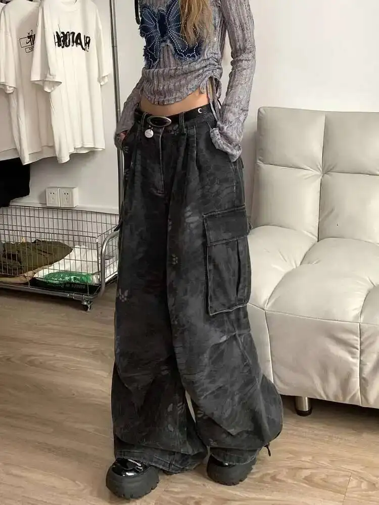 Women Jeans American Retro High Street Casual Overalls Camouflage Loose Wide Leg Pants For Women Y2k Hip-hop Cargo Trousers