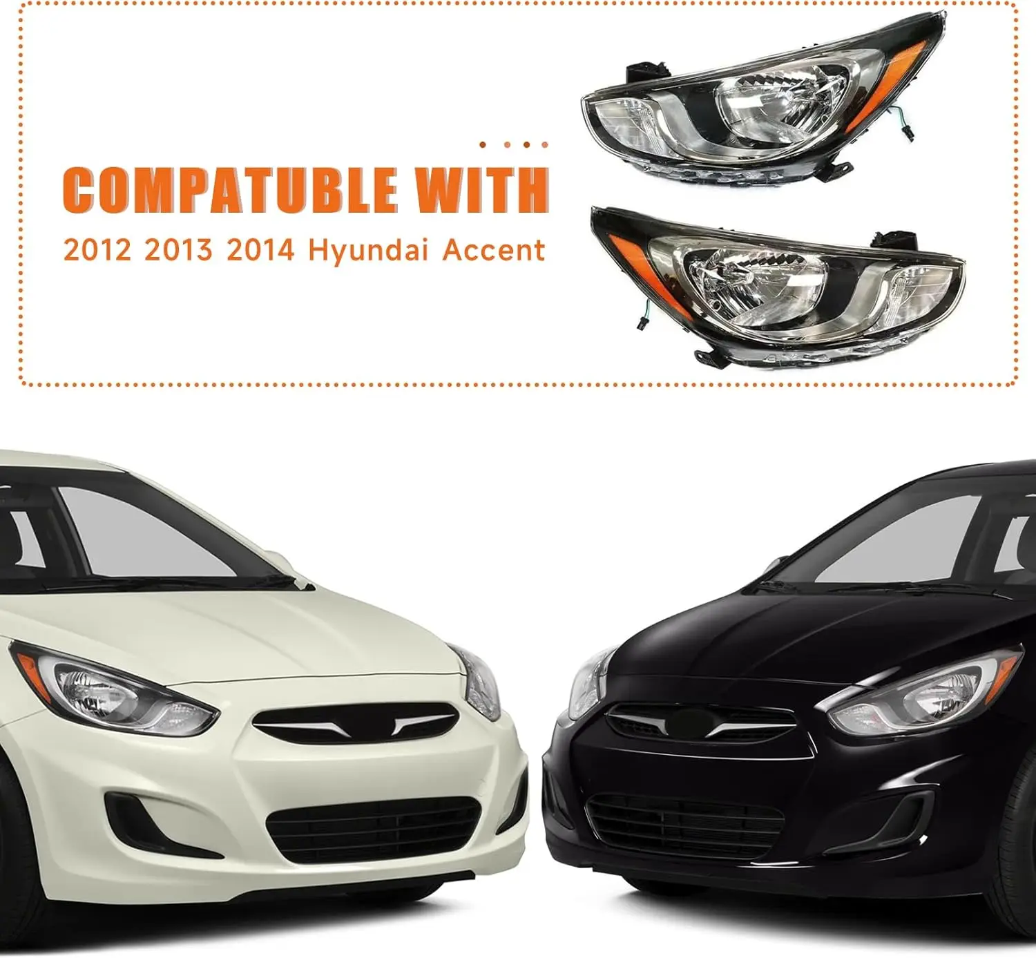 Compatible with 2012-2014 Accent Sedan Halogen Headlight Assembly, No DRL, 5-Pin Connector, Clear Lens, Black Housing, Driver an
