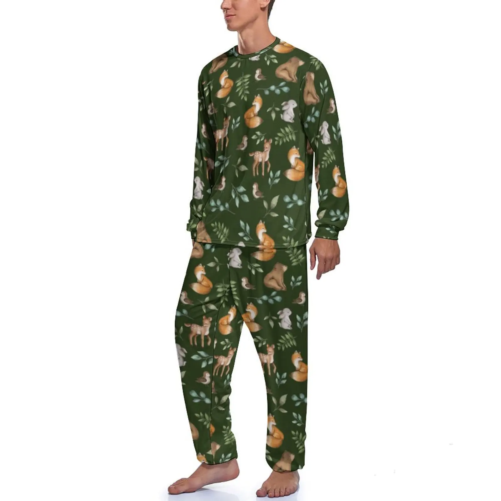 Forest Animal Pajamas Male Bear Fox Deer Cool Home Suit Spring Long Sleeves 2 Pieces Home Design Pajamas Set