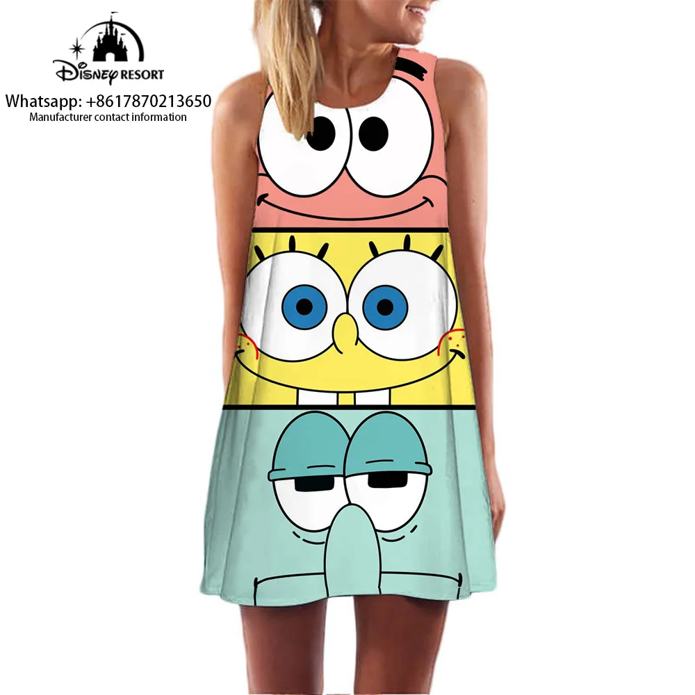 Sleeveless round neck dress Spongebob cartoon pattern print dress summer comfortable casual dress 2024 summer new style