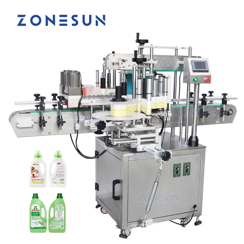 ZONESUN Stand Automatic Liquid Detergent Bottle Square Juice Beverage Bottle Double Side Labeling Machine