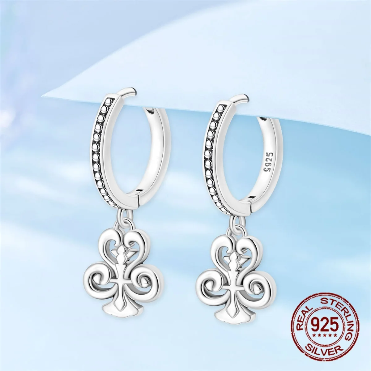 

925 Sterling Silver Clear CZ Paved Huggie Hoop Earrings Retro Iris Flower Drop Pendant Vintage Gothic Punk Jewelry Gift