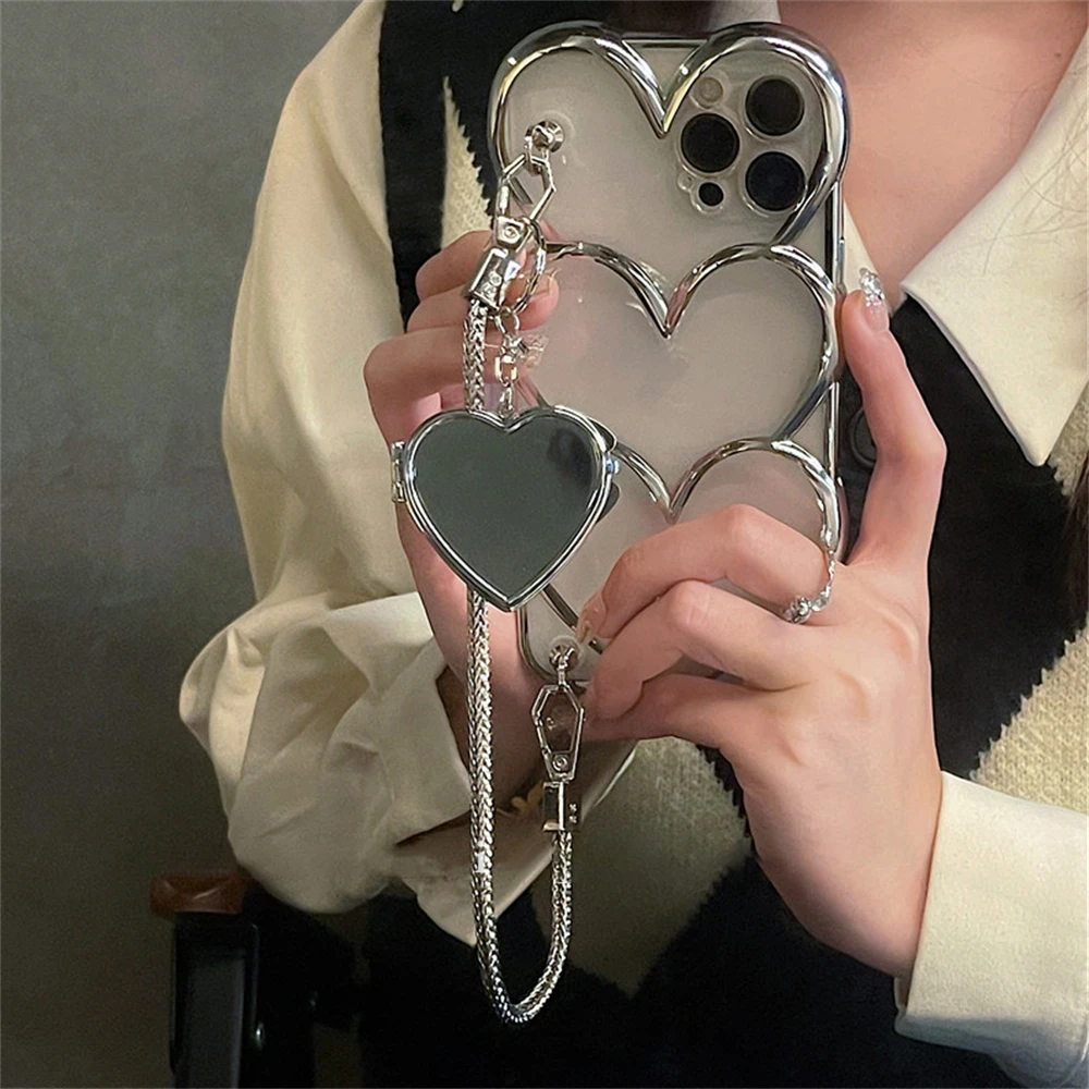 Luxury Stylish Silver Love Heart Mirror Portable Bracelet Case For iPhone 13 12 14 15 16 Pro Max 11 Plating Love Aesthetic Cover