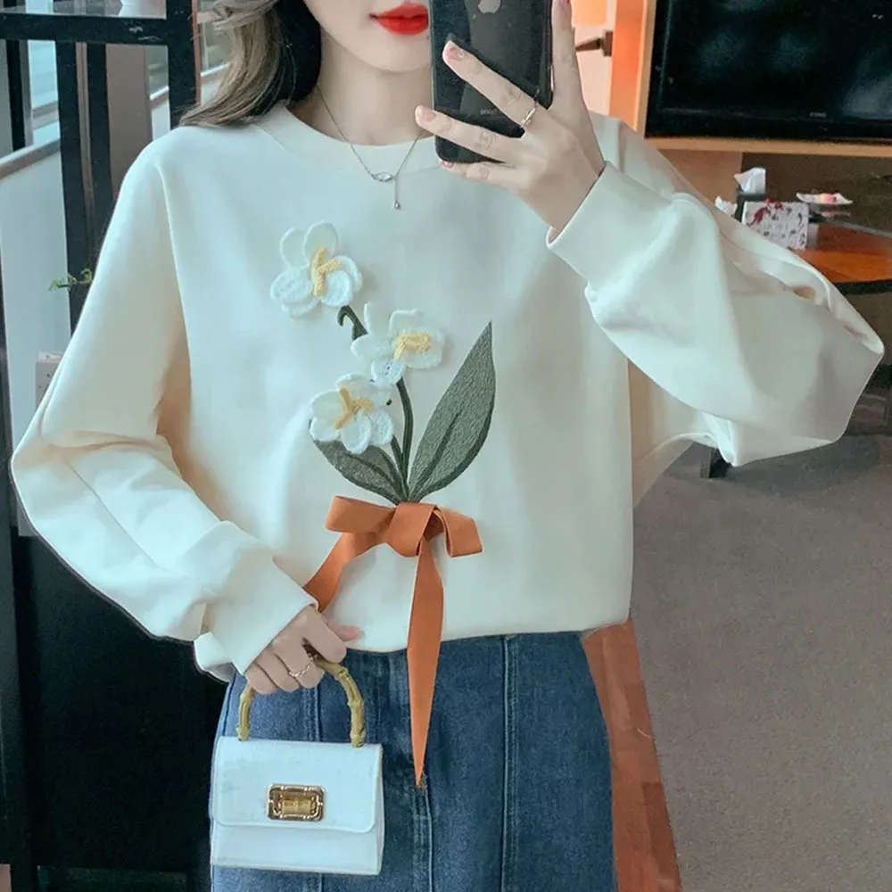 3D Flower Round Neck Sweatshirt For Women 2024 Spring Autumn New Design Sense Long Sleeve Loose Pullover Fashion Versatile Tops