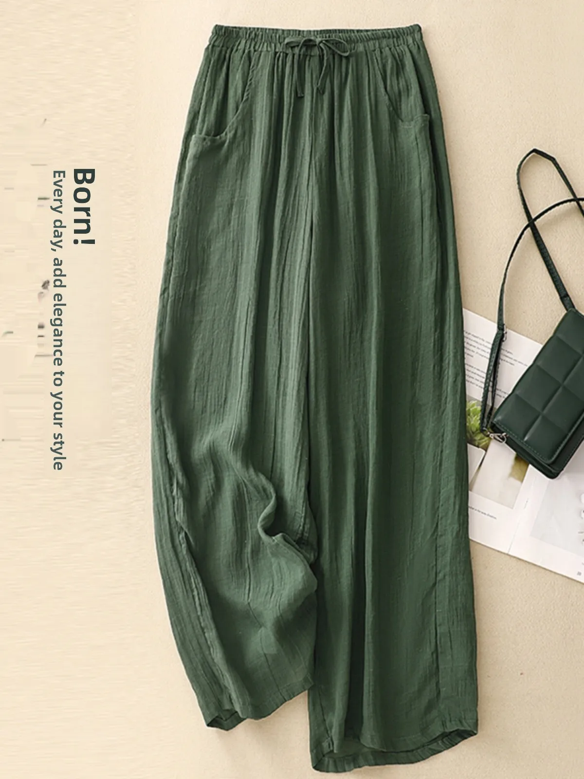 Pantalones de pierna ancha de cintura alta para mujer, falda holgada ajustada de lino y algodón elástico, pantalones informales rectos drapeados de doble capa para principios de otoño