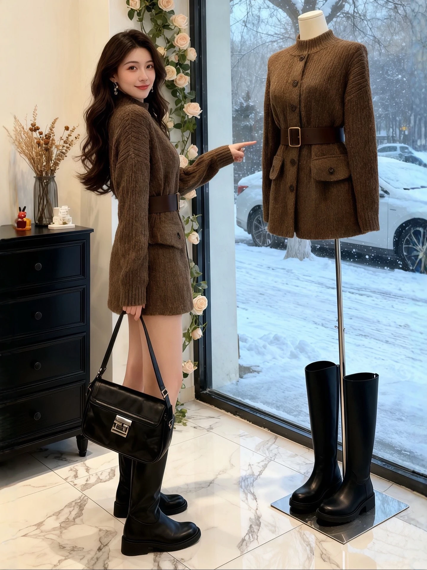 

Женское вязаное пальто средней длины с поясом, осенне-зимнее, модное, в стиле ретро, кофейного цвета, из мягкого полиэстера