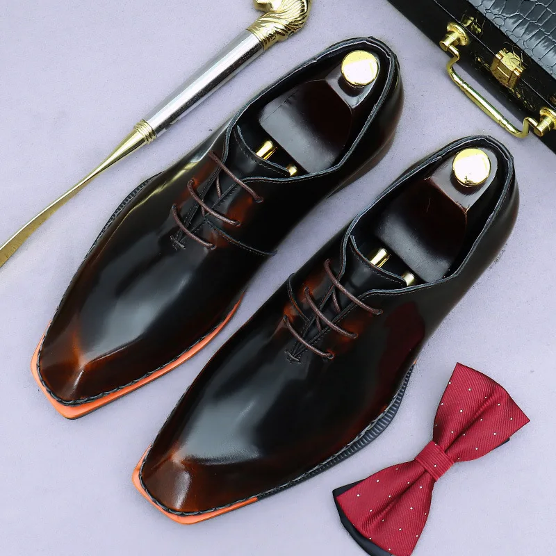 British Patent Leather Men\'s Business Dress Shoes Small Square Head Polished Handmade Genuine Leather Oxford Shoe for Men