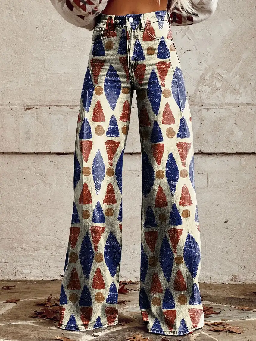 

2024 cross-border hot selling hot-selling printed imitation jeans new loose casual versatile high-waisted wide-leg pants loose