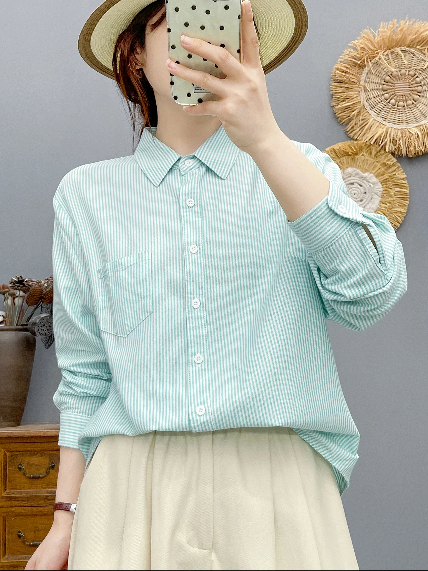 

High Quality Women 100% Cotton Blouse Shirt Cotton Oxford Spinning Striped Long Sleeve Shirt Women OL Strips Lapel Blouses Top