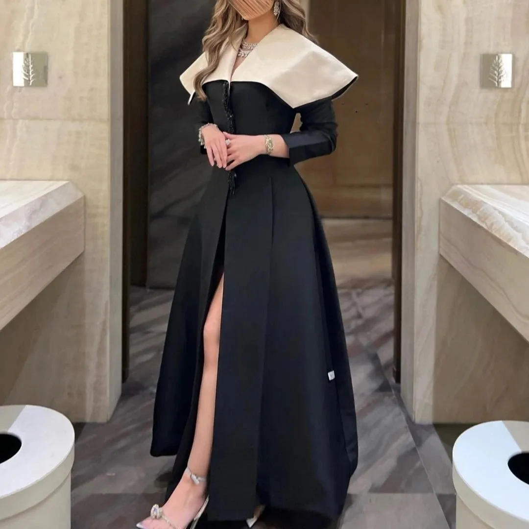 Flora Dress Black Satin A Line Prom Dresses V Neck Long Sleeves Side Slit Evening Party Formal Dress Saudi Arabic For Women