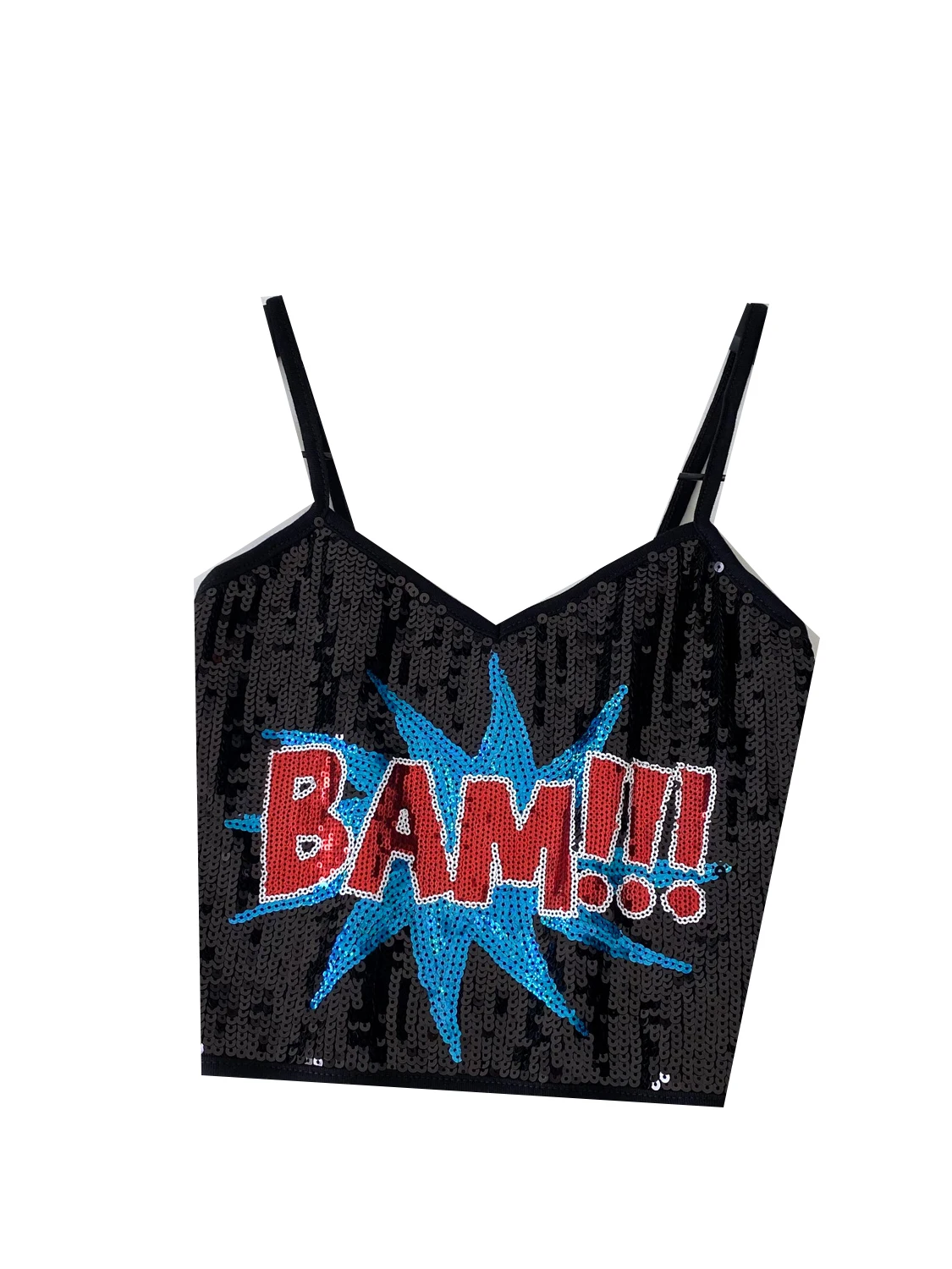 توب قصير نسائي صيفي بدون حمالات بنمط فتاة عصرية، مزين بالترتر والحروف، أنيق وضيق من البوليستر #2