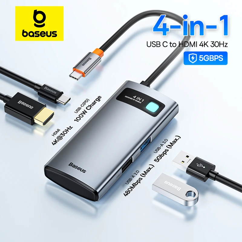 Baseus USB C 3.0 허브, C타입 HDMI 호환 도킹 스테이션, 맥북 에어 프로, 삼성용 4K 어댑터, 4 in 1 충전 분배기