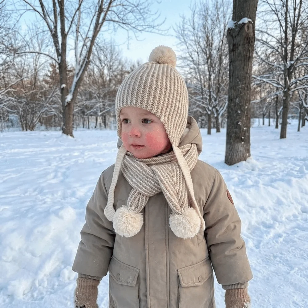 Comfortable Stripe Children Scarf Hat Set Ear Cap Plush Wool Beanie Hat Warm Fur Ball Warm Knitted Cap Outdoor