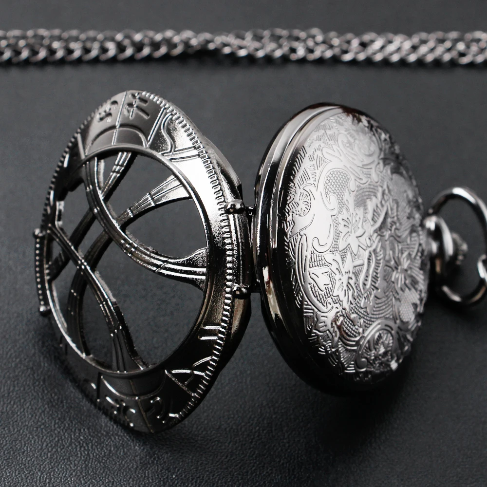 Strange Vintage Charm Quartz Pocket Watch Black agamotto's eyes Pendant Necklace Choker Watch Cosplay Gifts for Men