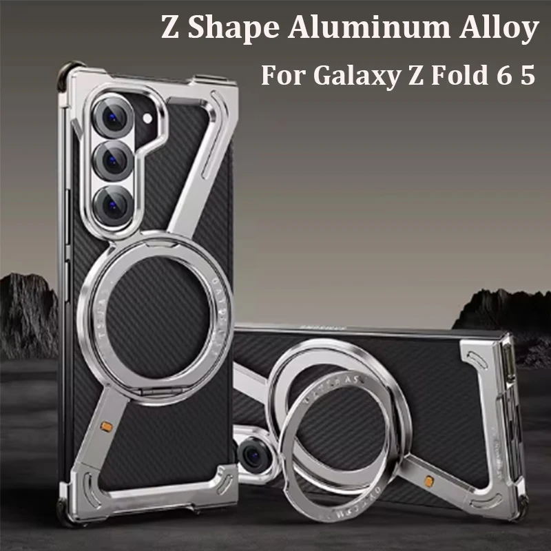 

Z Shape Titanium Metal Case For Samsang Galaxy Z Fold 6 5 Aluminum Alloy Bumper Magnetic Rotation Holder Cover