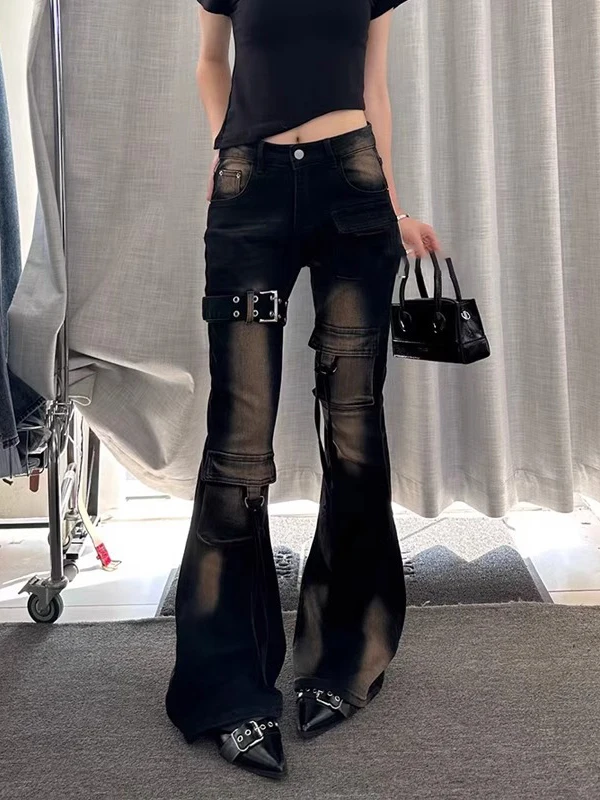 Amerikanische Retro High Street Mutil Taschen Gothic Punk Frauen Cargo Jeans 2025, Herbst Streetwear Vintage Micro Flared Denim Hosen