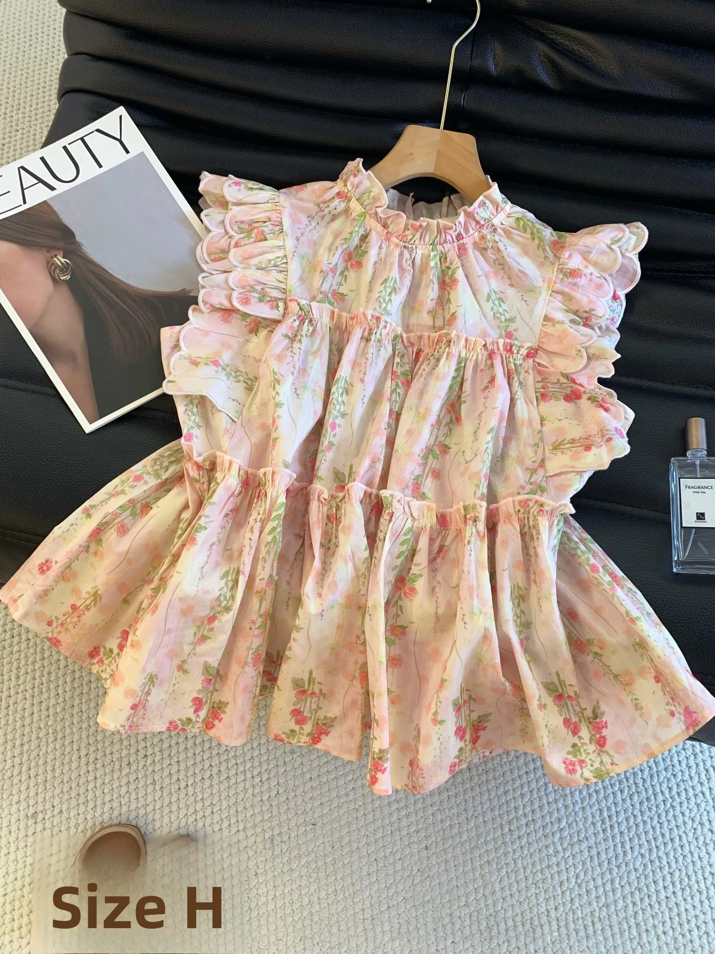 Franse Sle losse pasvorm bloemenprint irt dames zomer 2025, Svel opstaande kraag, gingham ontwerp, super schattige top