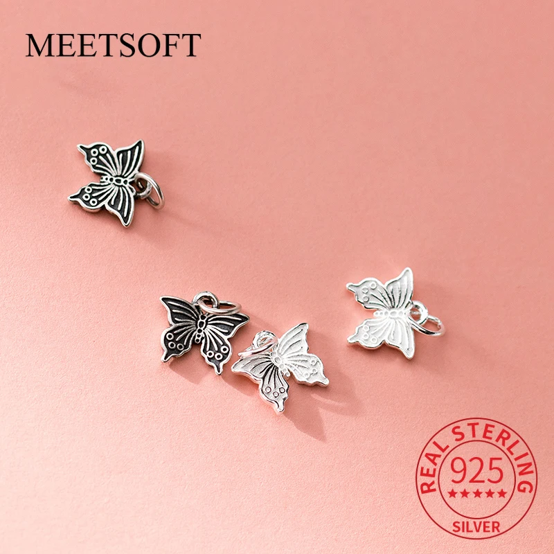 S925 Sterling Silver Retro Butterfly Pendant DIY Bracelet Necklace Handmade Woven Rope Material Accessory Support Wholesale